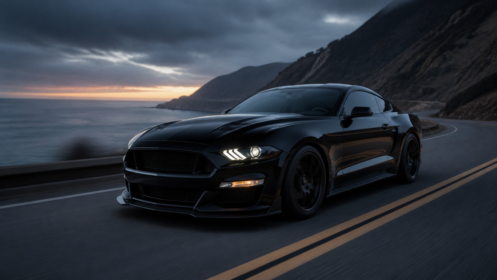 Black fastback performance coupe driving at blue hour