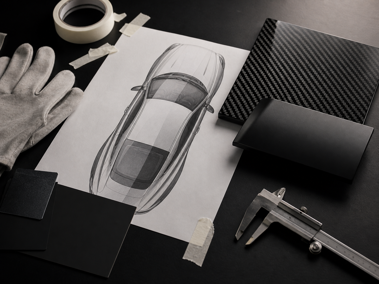 Automotive planning materials arranged around a fictional coupe sketch